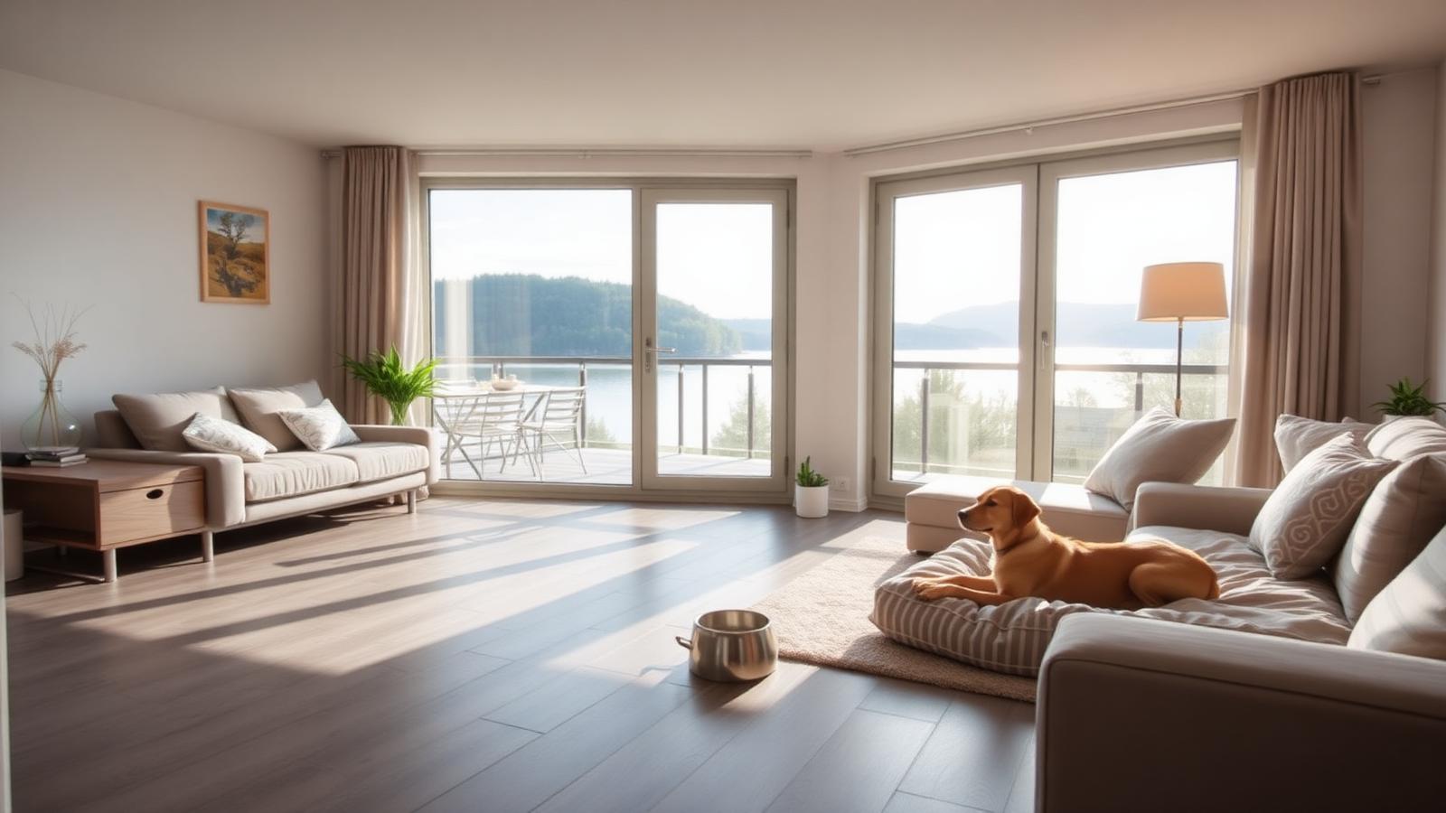 Modernes Wohnzimmer einer hundefreundlichen Ferienwohnung mit Hundebett, Wassernapf und Panoramafenster zum Möhnesee.