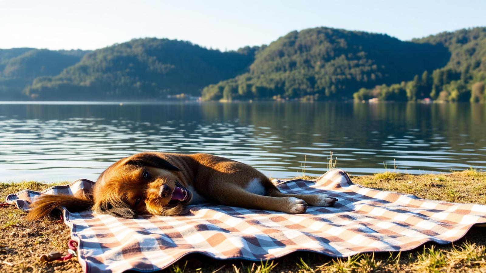 Hund entspannt auf einer Picknickdecke direkt am Ufer des Möhnesees.