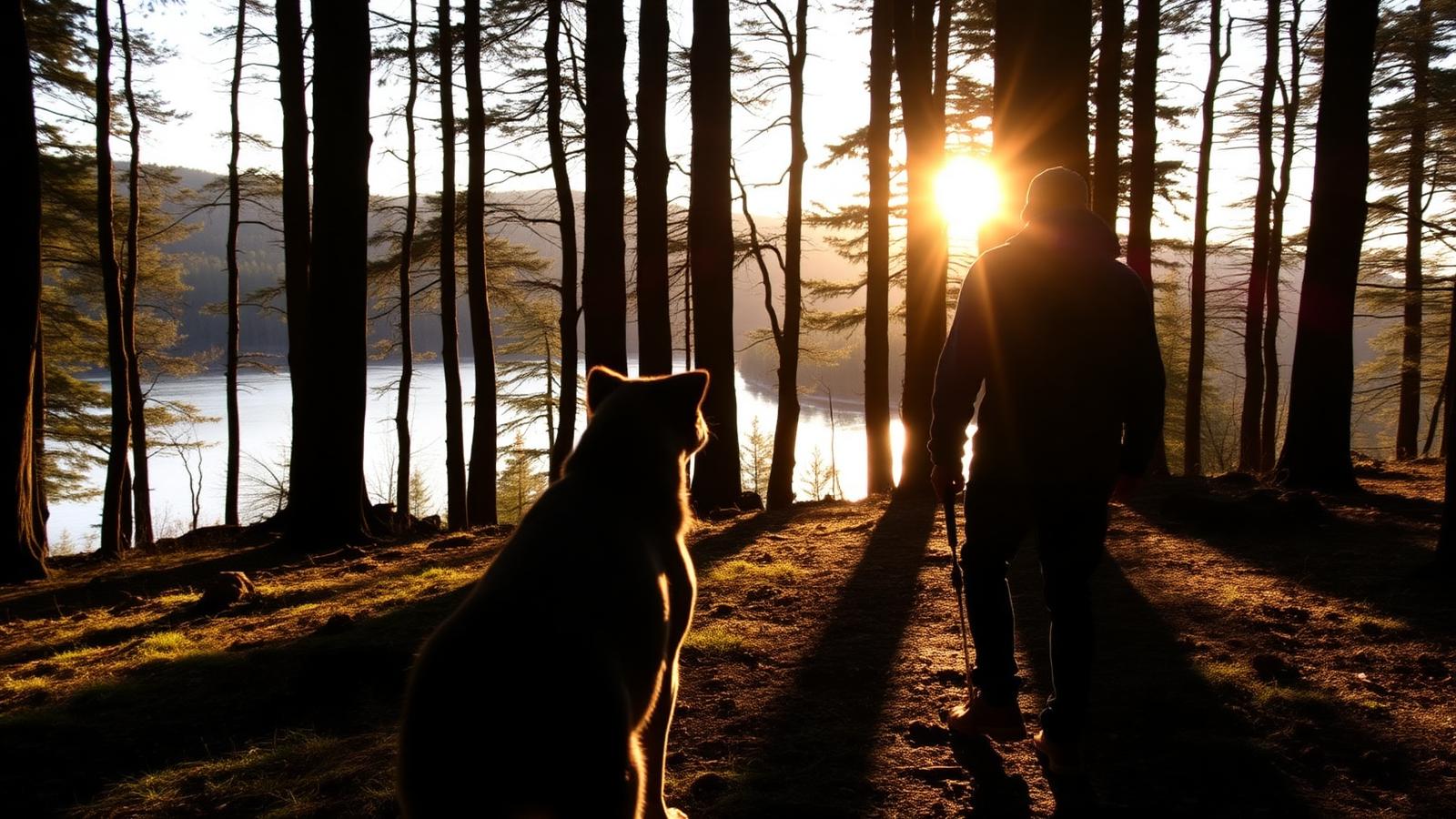 Hund und Besitzer als Silhouette wandern durch den Arnsberger Wald mit Blick auf den Möhnesee.